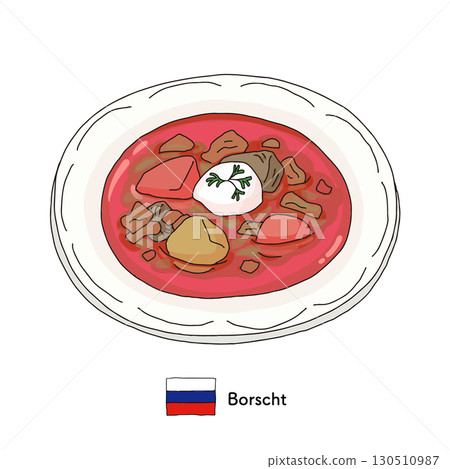 Russian cuisine borsch line drawing illustration 130510987