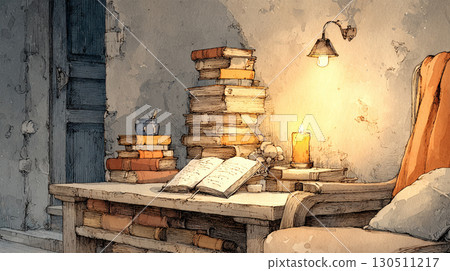 Watercolor style landscape illustration of a warm illuminated reading space and stacked books 130511217
