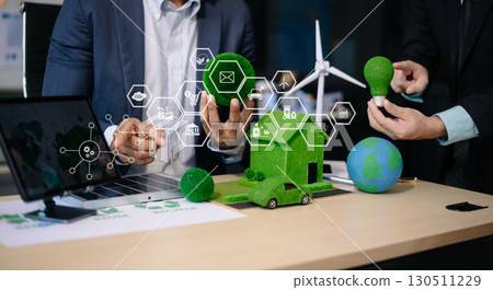 business team people planning and discussing on recycle reduce reuse policy symbol in office meeting room. Green business company 130511229