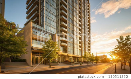 塔樓公寓大樓外牆在晨曦中閃閃發光 130511250