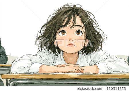 Miyu Series: Miyu High School Student Classroom Dazed Vertical Elbow Upper Body Front 130511353