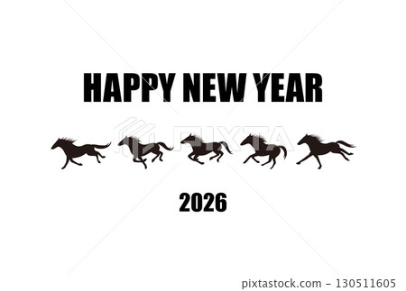 2026 Year of the Horse New Year's card featuring a running horse silhouette in continuous poses, black 130511605