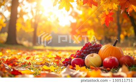 背景中紅色和金色的秋葉柔和地模糊，形成了很大的負空間。 130511751