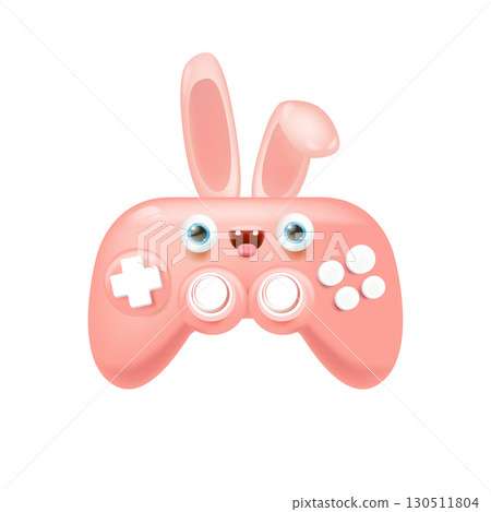 Cute bunny gamepad cartoon character vector illustration, pink rabbit character with long ears, googly eyes, and game controller buttons, fun creative design for gaming, apps, websites, stickers, kids 130511804