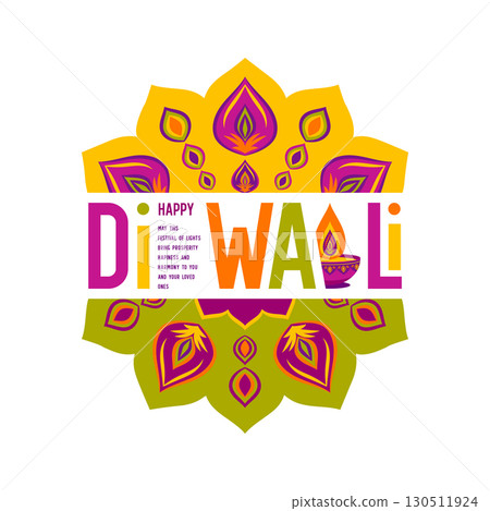 Diwali colorful typography with Diya and mandala 130511924