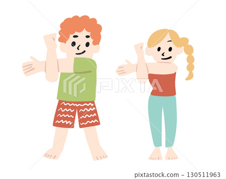 手繪插畫,描繪了一位男士和一位女士做肩部伸展運動 手繪插畫,描繪了一位男士和一位女士做肩部伸展運動 130511963