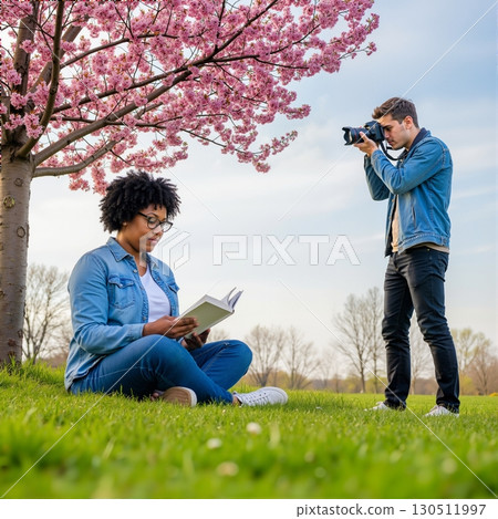 Reading under cherry blossoms 130511997
