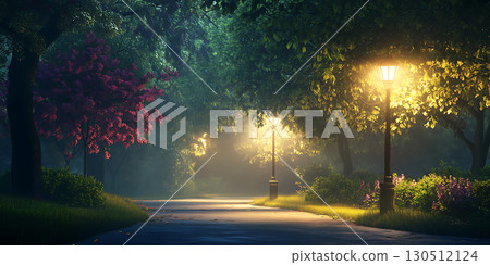 Enchanted Night Misty Lane Glowing Streetlights Dreamy Park Pathway 130512124