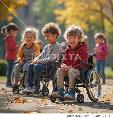 Group of children with wheelchairs outdoors 130512191