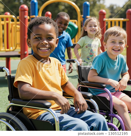 Happy children on inclusive playground slide 130512195