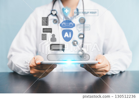 Futuristic concept of smart AI chatbot is healthcare by assisting doctor, supporting medical customer services robotic chat system powered by artificial intelligence in modern health care, medicine. Futuristic concept of smart AI chatbot is healthcare by assisting doctor, supporting medical customer services robotic chat system powered by artificial intelligence in modern health care, medicine. 130512236