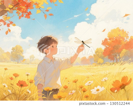 A boy gazing at dragonflies in an autumn meadow 130512244