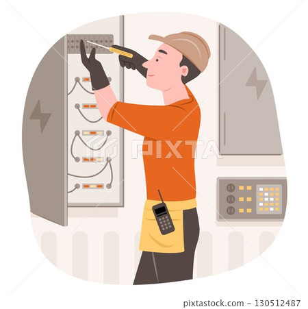 Electrician Man Worker Repairing Electrical Circuit Board for Electricity Maintenance Work Service and Industrial Occupation Concept Illustration 130512487