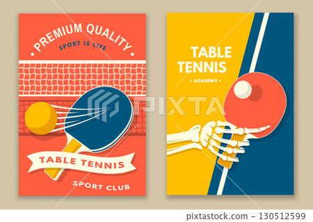 Set of Table tennis poster, banner, magazine template with skull hand hold ping pong racket. Vector. 130512599