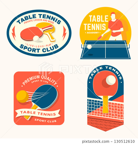 Set of table tennis academy badge, emblem with table player silhouette. Vector. For table tennis logotype templates and badges. Place to promote health and friendship 130512610