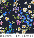 Floral Frame in Gouache Painting Style , Wildflowers, Daisies, and Cornflowers on Dark Background for Fabric, Wallpaper, and Surface Design 130512641