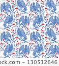 Seamless Slavic Mythology Alkonost Bird-Woman Pattern , Vintage Folk Art Wallpaper Design with Ornamental Branches and Berries 130512646