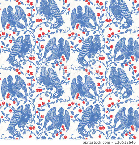 Seamless Slavic Mythology Alkonost Bird-Woman Pattern , Vintage Folk Art Wallpaper Design with Ornamental Branches and Berries 130512646
