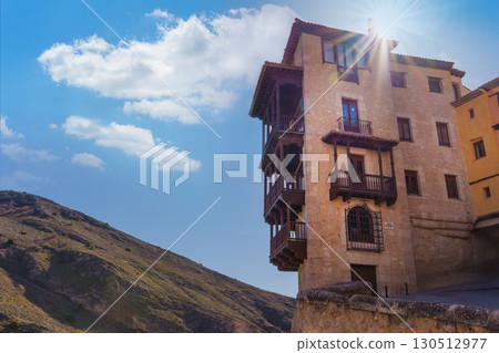Hanging houses of cuenca shining under the sunlight with cloudy sky Hanging houses of cuenca shining under the sunlight with cloudy sky 130512977