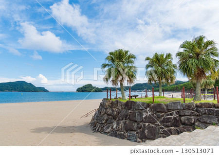 The sandy beach of Odozu Beach and the blue sea surrounded by palm trees The sandy beach of Odozu Beach and the blue sea surrounded by palm trees 130513071