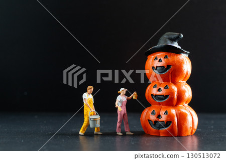 Miniature Figurines Working on Stacked Pumpkin Halloween Sculpture 130513072