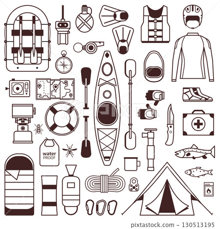 Rafting and Kayaking Line Art Icons Set 130513195
