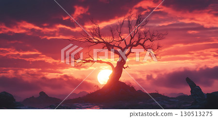 Fiery Sunset Landscape Silhouette Tree  Dramatic Sky 130513275