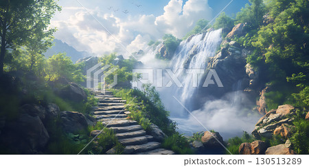 Serene Waterfall Landscape A Journey Up Stone Steps 130513289