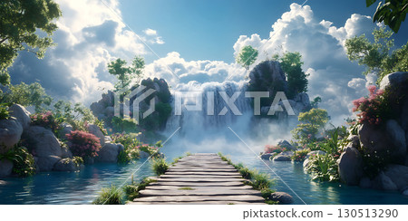 Serene Waterfall Landscape Digital Art Fantasy Nature Scene Peaceful Path 130513290