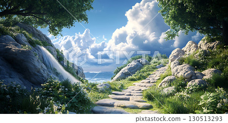 Stunning Landscape Path Through Lush Greenery and Majestic Clouds 130513293