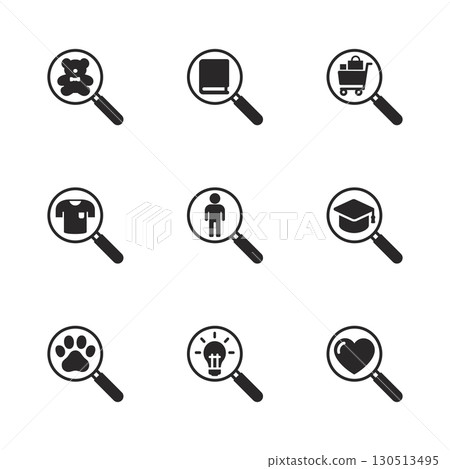 Magnifying glass icon set showing search concepts like people, education, shopping, love, pet, and ideas. 130513495