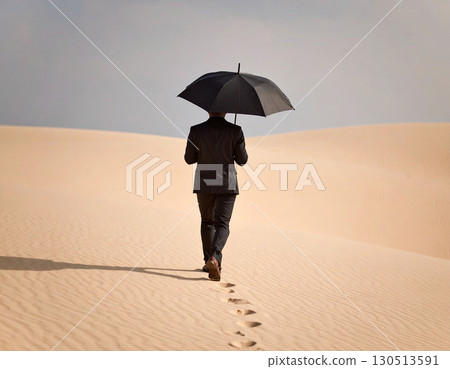 a man in a dark suit and an open umbrella walks under the desert sun 130513591