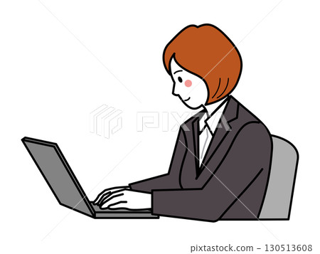 Charcoal suit. A woman operating a computer, seen from the side 130513608