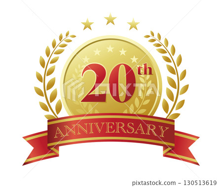 20th anniversary icon. Red ribbon and medal with decorative frame. 20th anniversary icon. Red ribbon and medal with decorative frame. 130513619