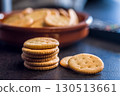 Crispy round salted crackers on black table. 130513661