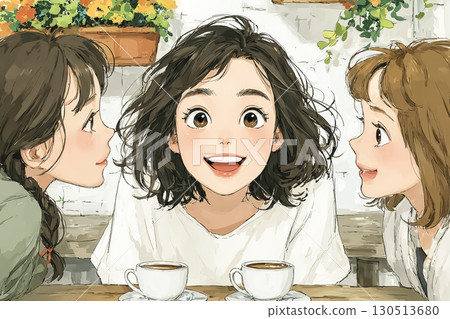 Miyu Series: Miyu High School Student Having Coffee with Three Friends Outdoor Terrace Seat 130513680