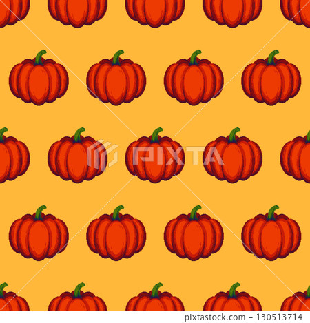 Seamless pixel art pattern of pumpkins on orange background for seasonal decoration. Vector illustration. 130513714