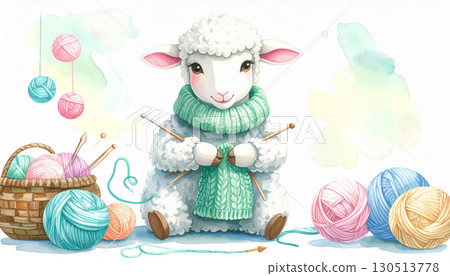 Illustration of a sheep knitting a sweater, Generative AI, AI image 130513778
