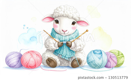 Illustration of a sheep knitting a sweater, Generative AI, AI image 130513779