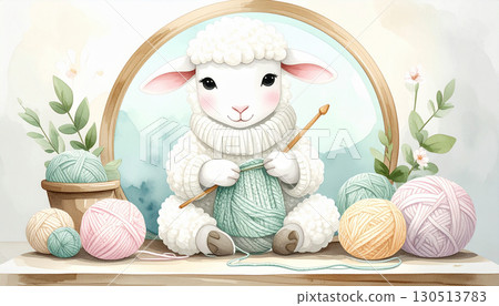 Illustration of a sheep knitting a sweater, Generative AI, AI image Illustration of a sheep knitting a sweater, Generative AI, AI image 130513783