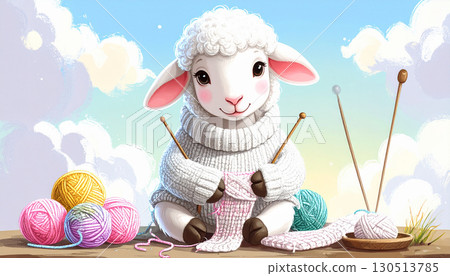 Illustration of a sheep knitting a sweater, Generative AI, AI image 130513785
