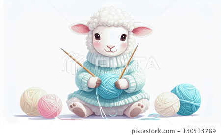 Illustration of a sheep knitting a sweater, Generative AI, AI image 130513789