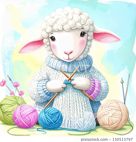 Illustration of a sheep knitting a sweater, Generative AI, AI image 130513797