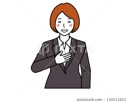 炭灰色西裝。一位女士將手放在胸前,說:“交給我吧。” 炭灰色西裝。一位女士將手放在胸前,說:“交給我吧。” 130513832