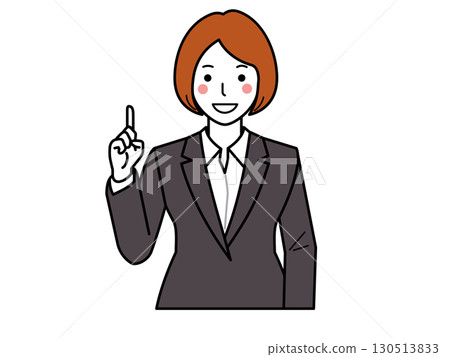 炭灰色套裝。女人擺出「1」的姿勢。 炭灰色套裝。女人擺出「1」的姿勢。 130513833