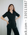 skilled aesthetician woman professional wearing black medical suit  130513887