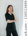skilled aesthetician woman professional wearing black medical suit  130513899