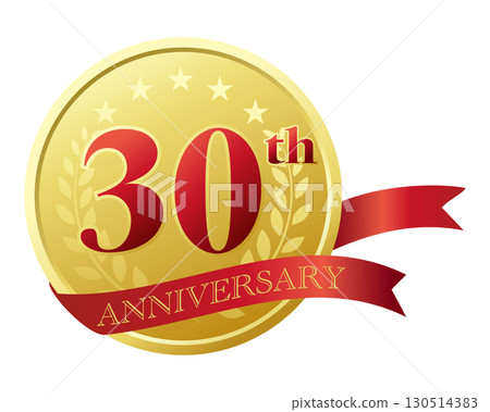 Thirty years anniversary icon. Red ribbon and medal. Thirty years anniversary icon. Red ribbon and medal. 130514383