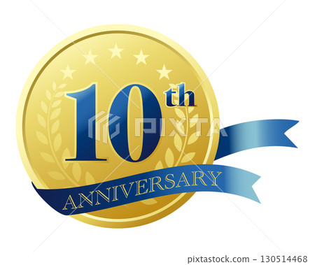 10th anniversary icon. Blue ribbon and medal. 130514468