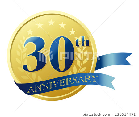 Thirty years anniversary icon. Blue ribbon and medal. Thirty years anniversary icon. Blue ribbon and medal. 130514471